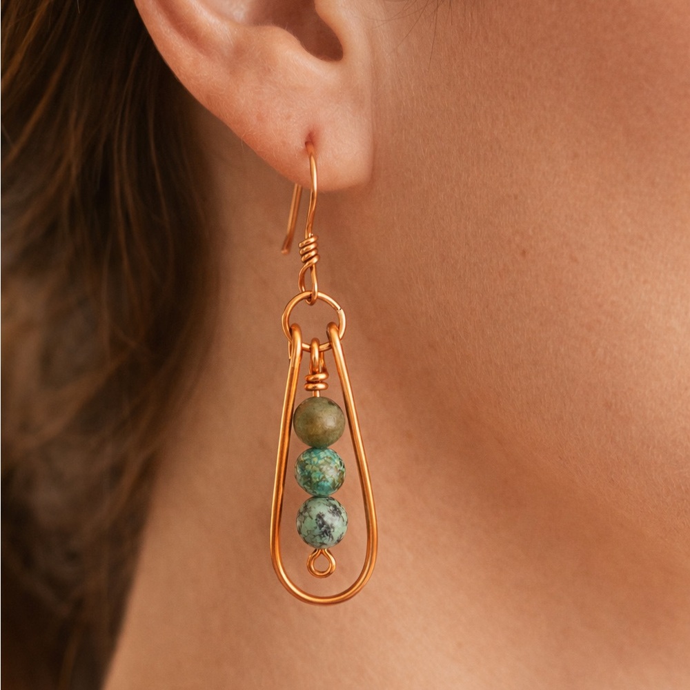 Copper and Green Stone Dangle Earrings